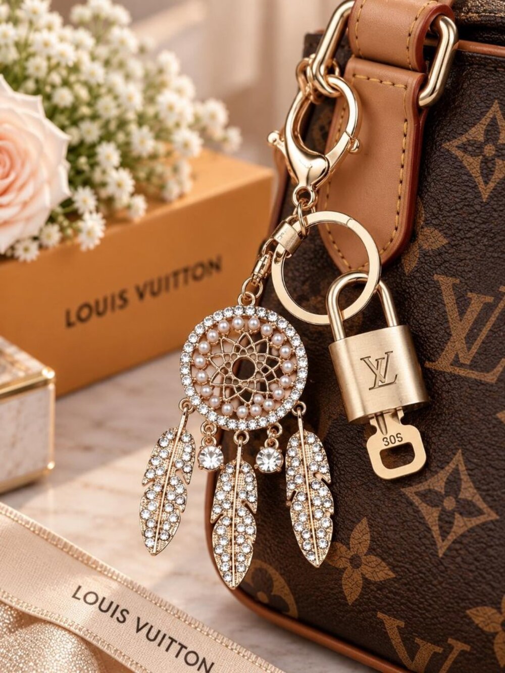 Authentic LV Gold Padlock & Key Set ✨ Luxury Bag Charm w/ Unbranded Keychain